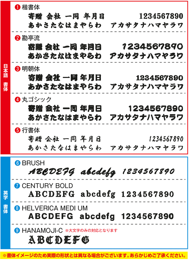 刺しゅう可能な文字の書体一覧